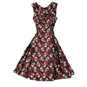 Dr. Faust Darkly Skulls And Red Roses Midi Dress - Piper Size L